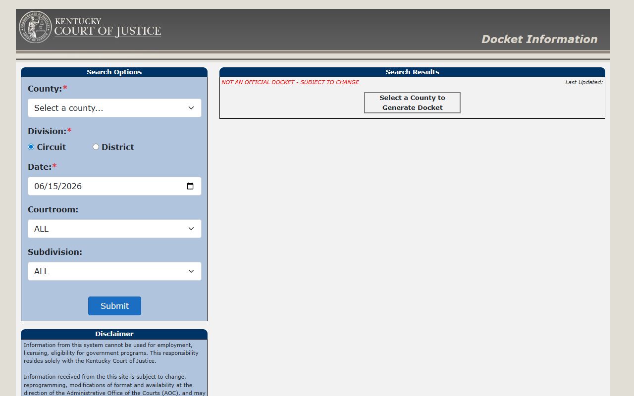 Lee County court records after jail arrest KCOJ docket search fields