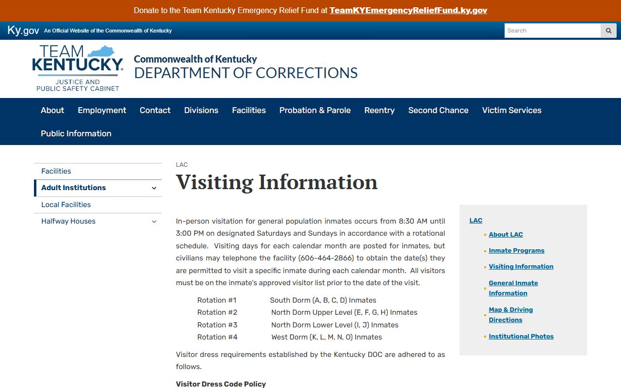 Lee Adjustment Center Lee County Kentucky DOC prison visitation information