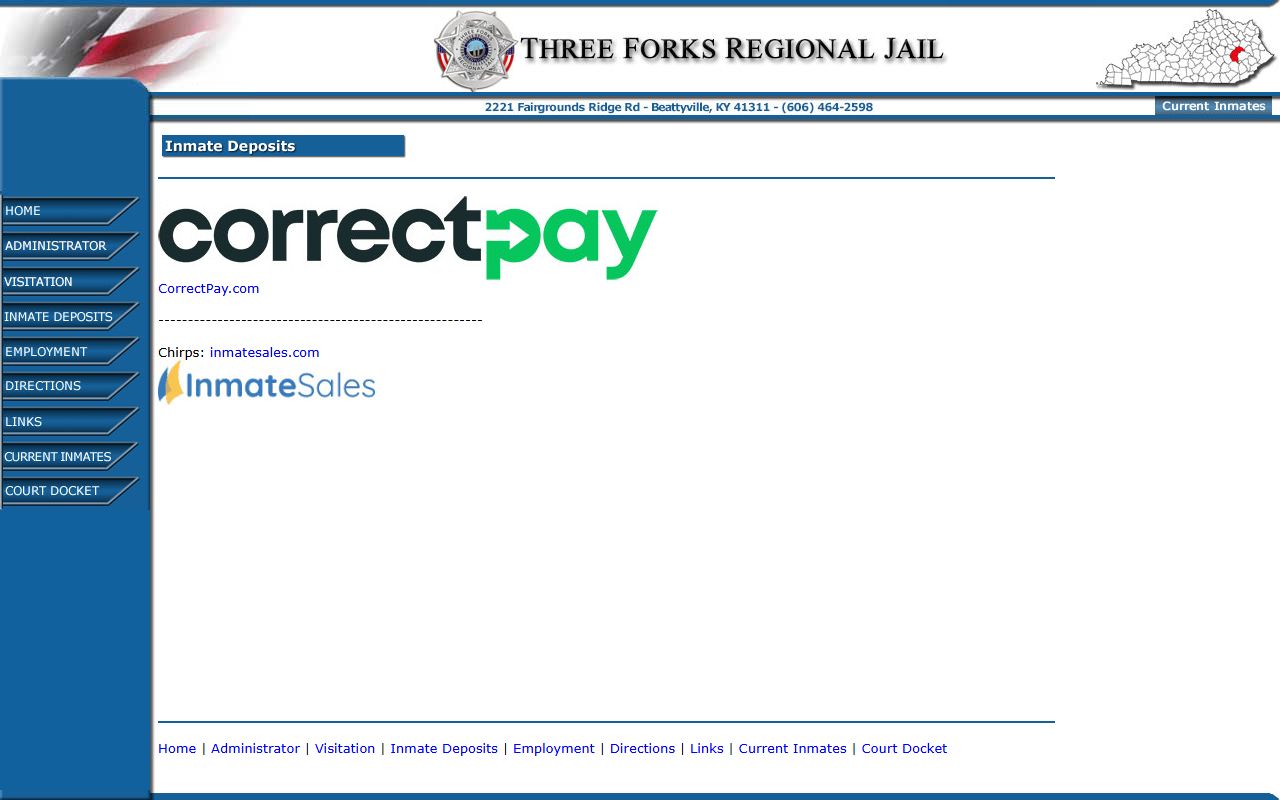 Three Forks Regional Jail Lee County CorrectPay and InmateSales deposit links