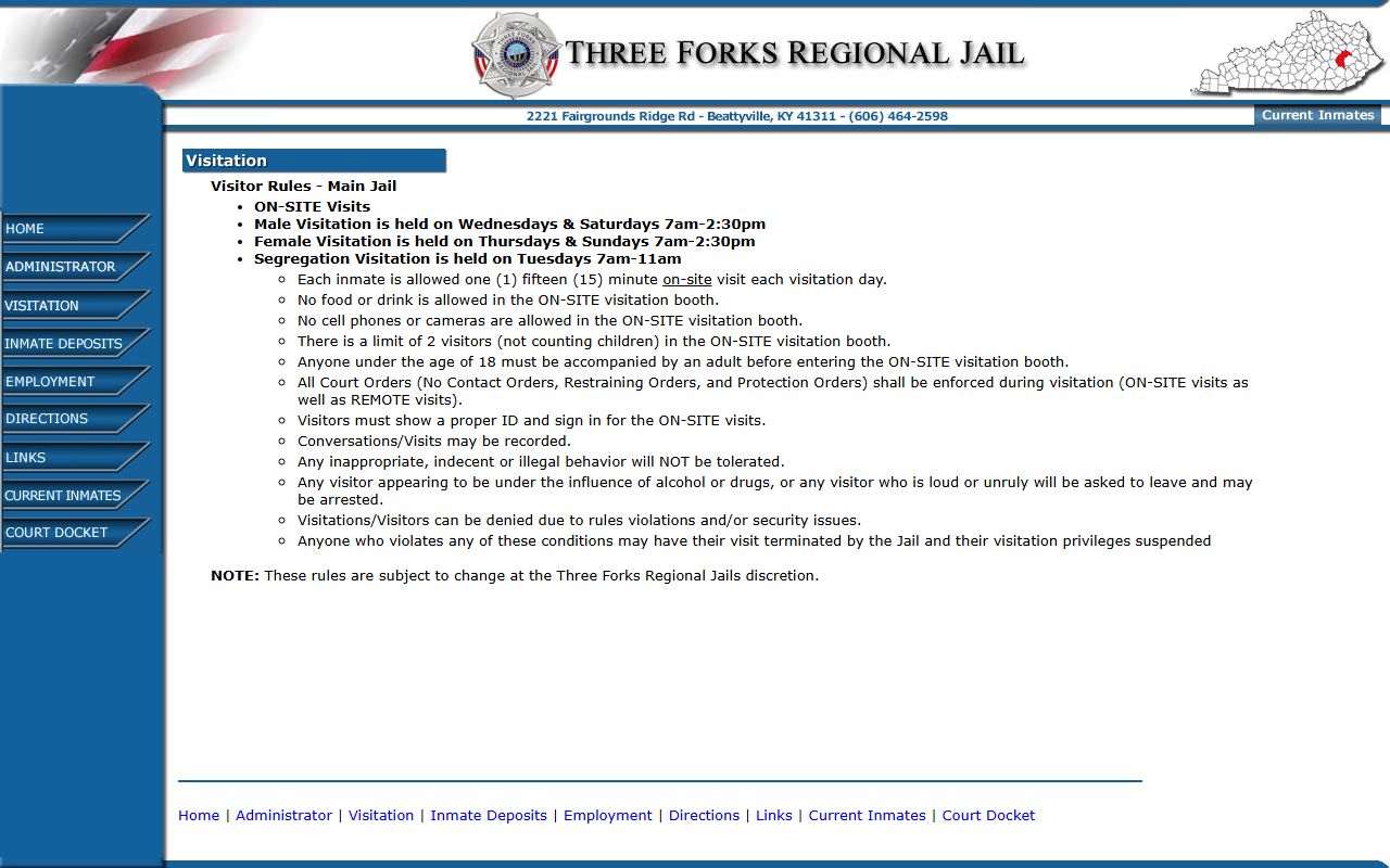 Three Forks Regional Jail Lee County visitation schedule